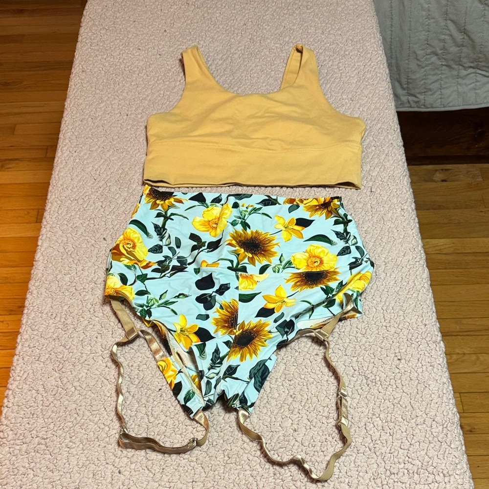 Yellow sports bra and Floral High-Waisted pole Shorts Set